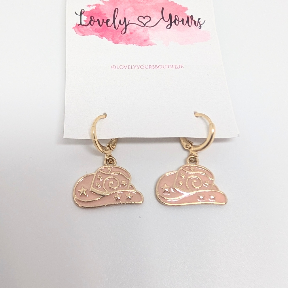 Cowgirl Hat Huggie Earrings Pink Gold Western Country Charm